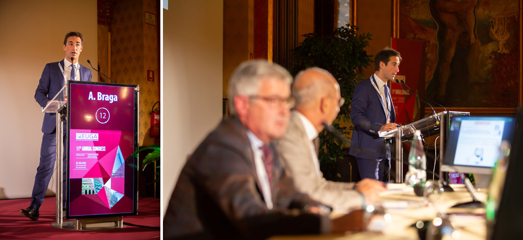 Fotografo Congresso Conferenza Milano EUGA Marriott Hotel Il relatore A. Braga espone un discorso davanti ai partecipanti del congresso dell'EUGA